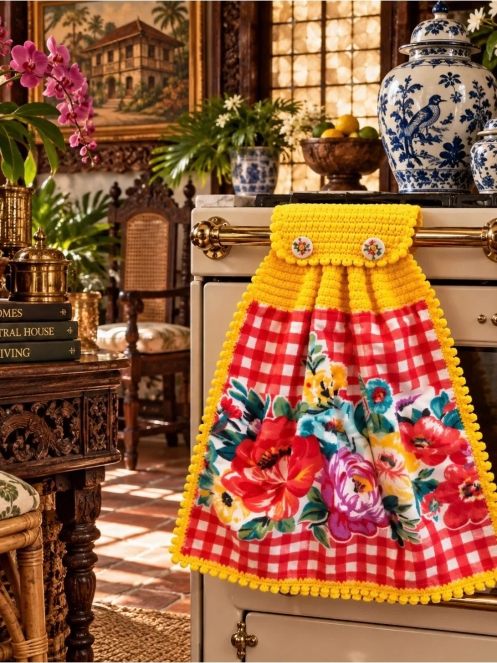 Pioneer Woman Floral Gingham Crochet Hanging Kitchen Towel
